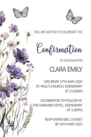 Personalised Confirmation Invitations Purple Floral Butterfly