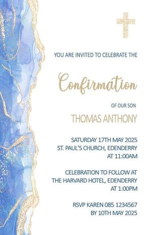 Personalised Confirmation Invitations Side Blue Gold on White
