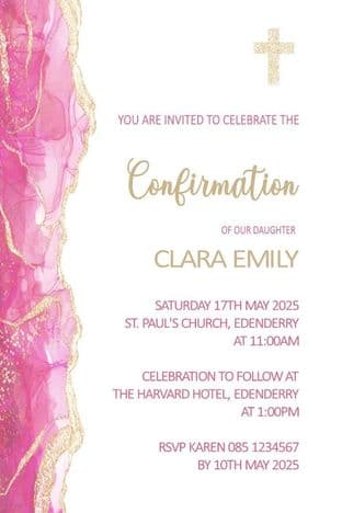 Personalised Confirmation Invitations Side Pink Gold on White