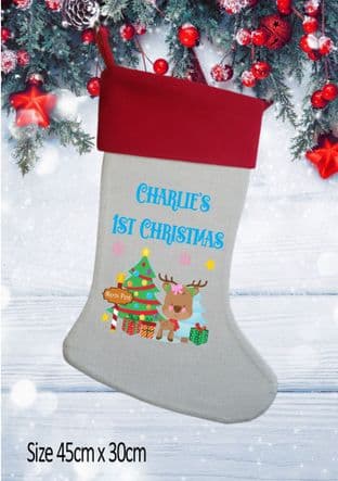 Personalised Cute Blue Reindeer Christmas Stocking