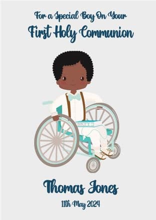 Personalised Dark Skin Tone Boy in Wheelchair Communion Card