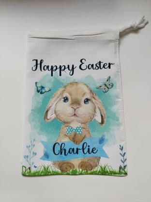 Personalised Easter Blue Bunny Drawstring Treat Bag