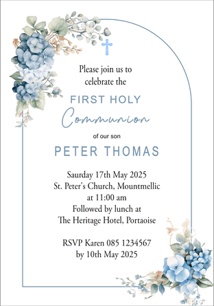 Personalised First Communion Invitations Blue Floral Arch
