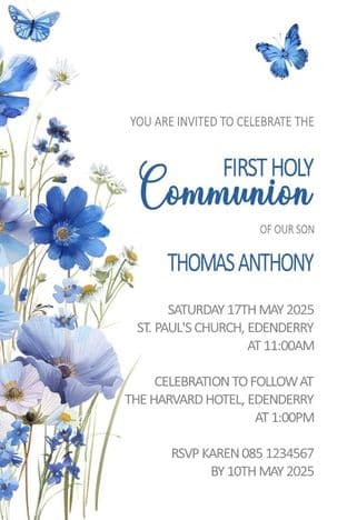 Personalised First Communion Invitations Blue Floral Butterfly