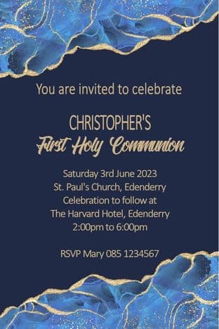 Personalised First Communion Invitations Blue & Gold
