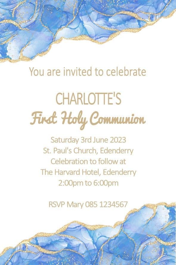 Personalised First Communion Invitations Blue Gold White