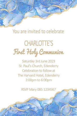 Personalised First Communion Invitations Blue Gold White