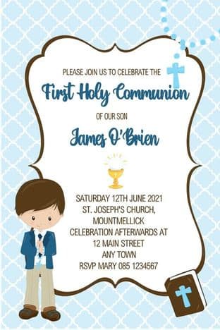 Personalised First Communion Invitations Boy & Bible Design
