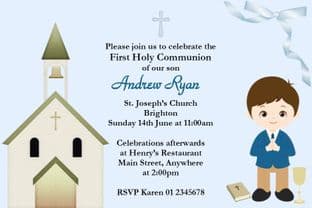 Personalised First Communion Invitations Brown Hair Boy & Church