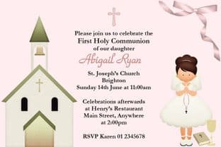 Personalised First Communion Invitations Brown Hair Girl & Church