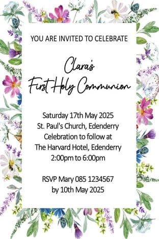 Personalised First Communion Invitations Floral Border