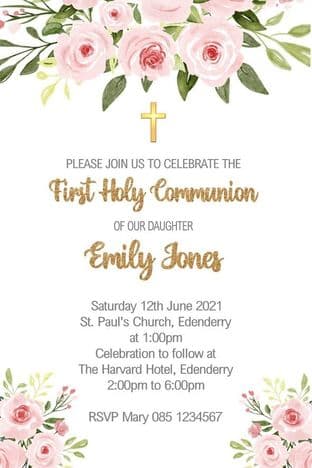 Personalised First Communion Invitations Floral & Gold