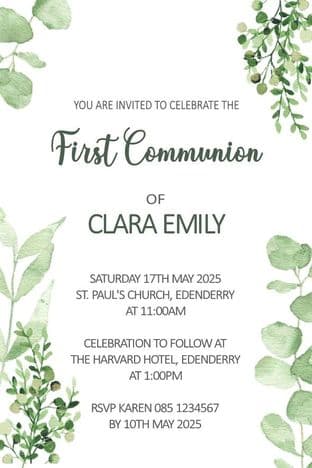 Personalised First Communion Invitations Green Foliage