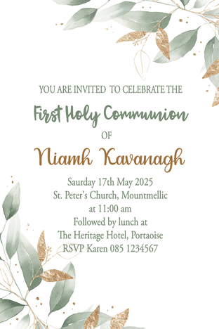 Personalised First Communion Invitations Green Leaves & Gold