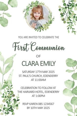 Personalised First Communion Invitations Photo Green Foliage