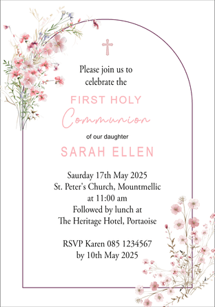 Personalised First Communion Invitations Pink Floral Arch