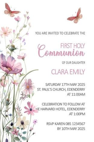 Personalised First Communion Invitations Pink Floral Butterfly