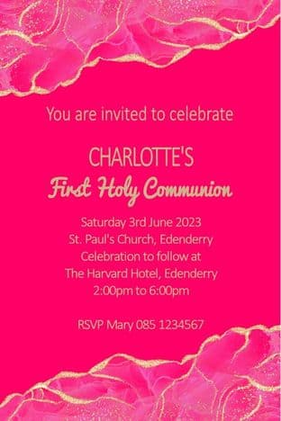 Personalised First Communion Invitations Pink & Gold