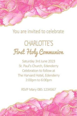 Personalised First Communion Invitations Pink Gold White