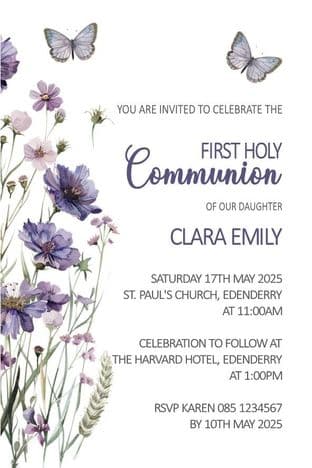 Personalised First Communion Invitations Purple Floral Butterfly