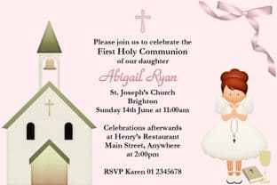 Personalised First Communion Invitations Red Hair Girl & Church