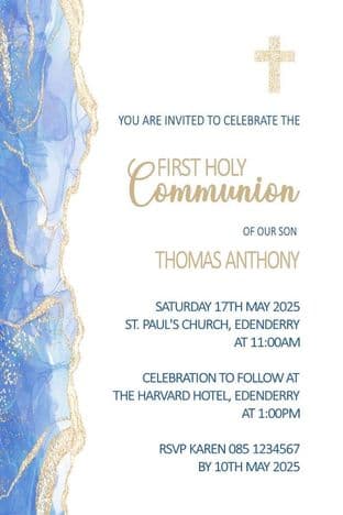 Personalised First Communion Invitations Side Blue Gold White