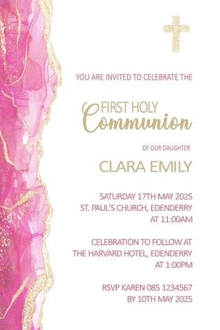 Personalised First Communion Invitations Side Pink Gold White