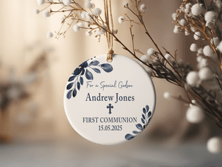 Personalised First Communion Navy Leaves Keepsake Ornament