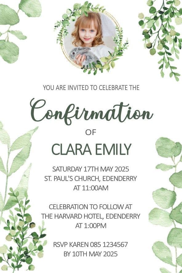 Personalised First Confirmation Invitations Photo Green Foliage