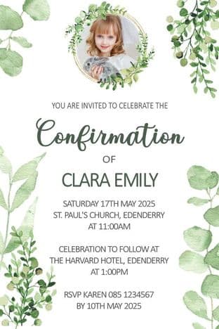 Personalised First Confirmation Invitations Photo Green Foliage