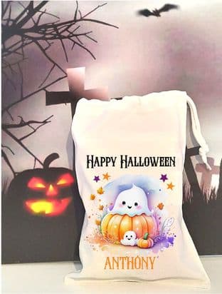 Personalised Ghost on Pumpkin Drawstring Treat Bag
