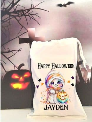 Personalised Ghost with Pumpkin Drawstring Treat Bag