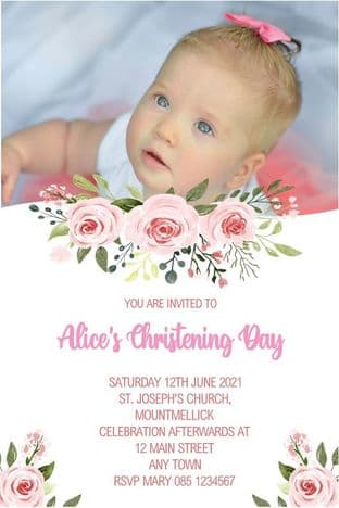 Personalised Girl Photo Floral Christening Invitations