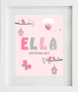 Personalised Girl Pink Grey Birds Nature Print