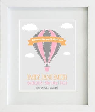Personalised Girl Pink Grey Hot Air Balloon Print