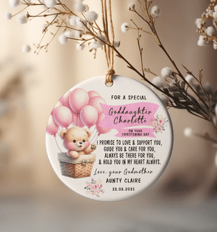 Personalised Goddaughter Ornament – Pink Teddy & Balloons