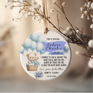 Personalised Godson Ornament – Blue Teddy & Balloons