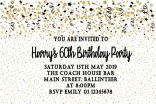 Personalised Gold Black White Streamers Birthday Invitation