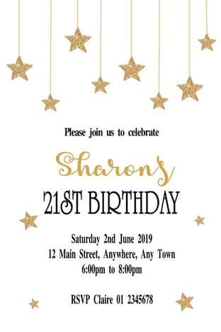 Personalised Gold Dropping Stars Birthday Invitation