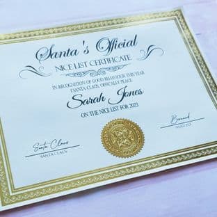 Personalised Gold Foil A4 Santa's Nice List Certificate