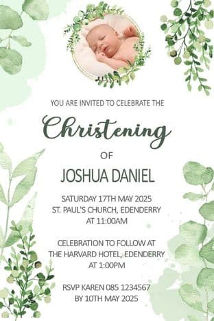 Personalised Green Foliage Photo Christening Invitation