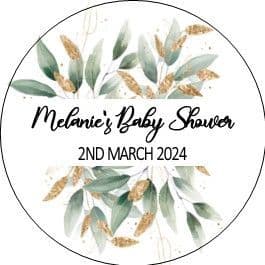 Personalised Green & Gold Leaves Baby Shower Stickers