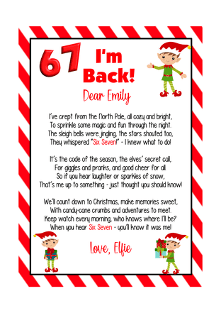 Personalised I'm Back Elf SIX SEVEN letter