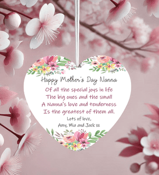 Personalised Mother Day Heart Ornament Pink Flowers