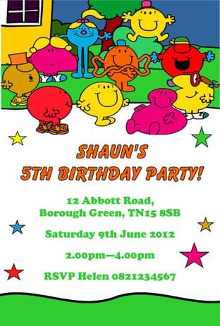 Personalised Mr Men / Little Miss Invitations