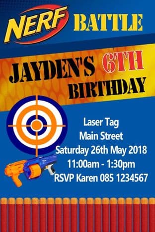 Personalised Nerf Theme Invitations