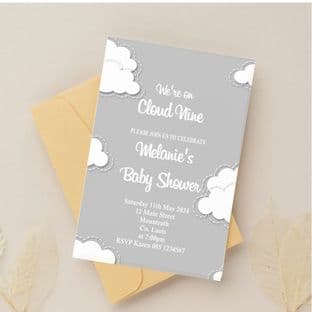 Personalised On Cloud Nine Grey Baby Shower Invitations