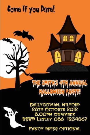 Personalised Orange Black Haunted House Halloween Invitation
