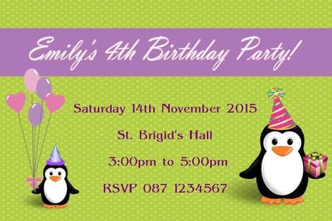 Personalised Penguin Theme Invitations