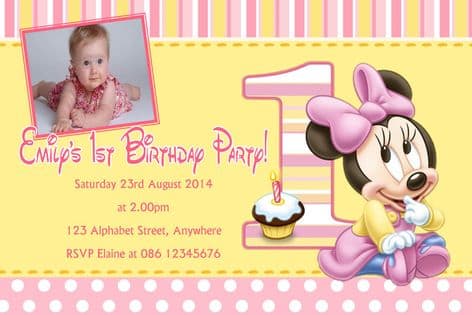 Personalised Pink 1st Birthday Minnie Mouse Photo Invitations